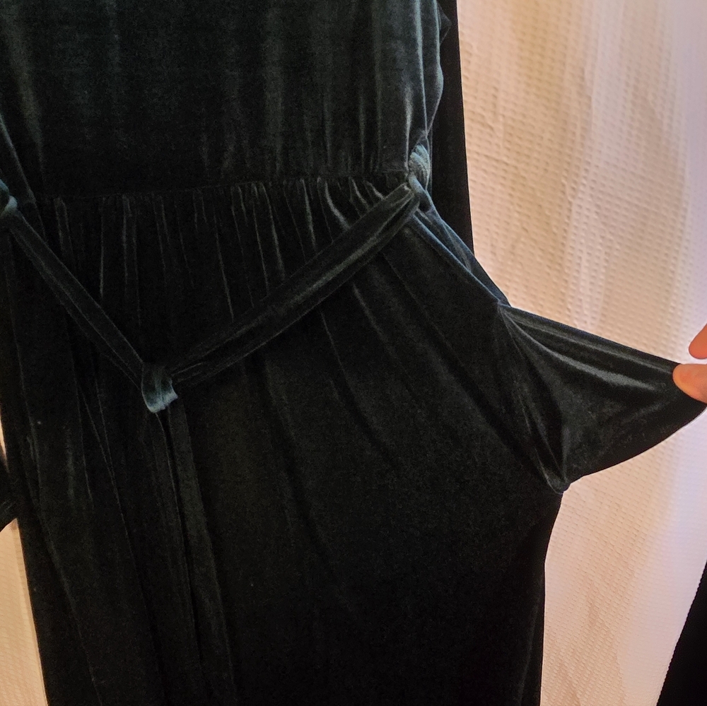 Zattcas Elegant Velvet Velour Dark GREEN Long Sleeve Maxi Dress Belt Pockets XXL - Picture 4 of 5